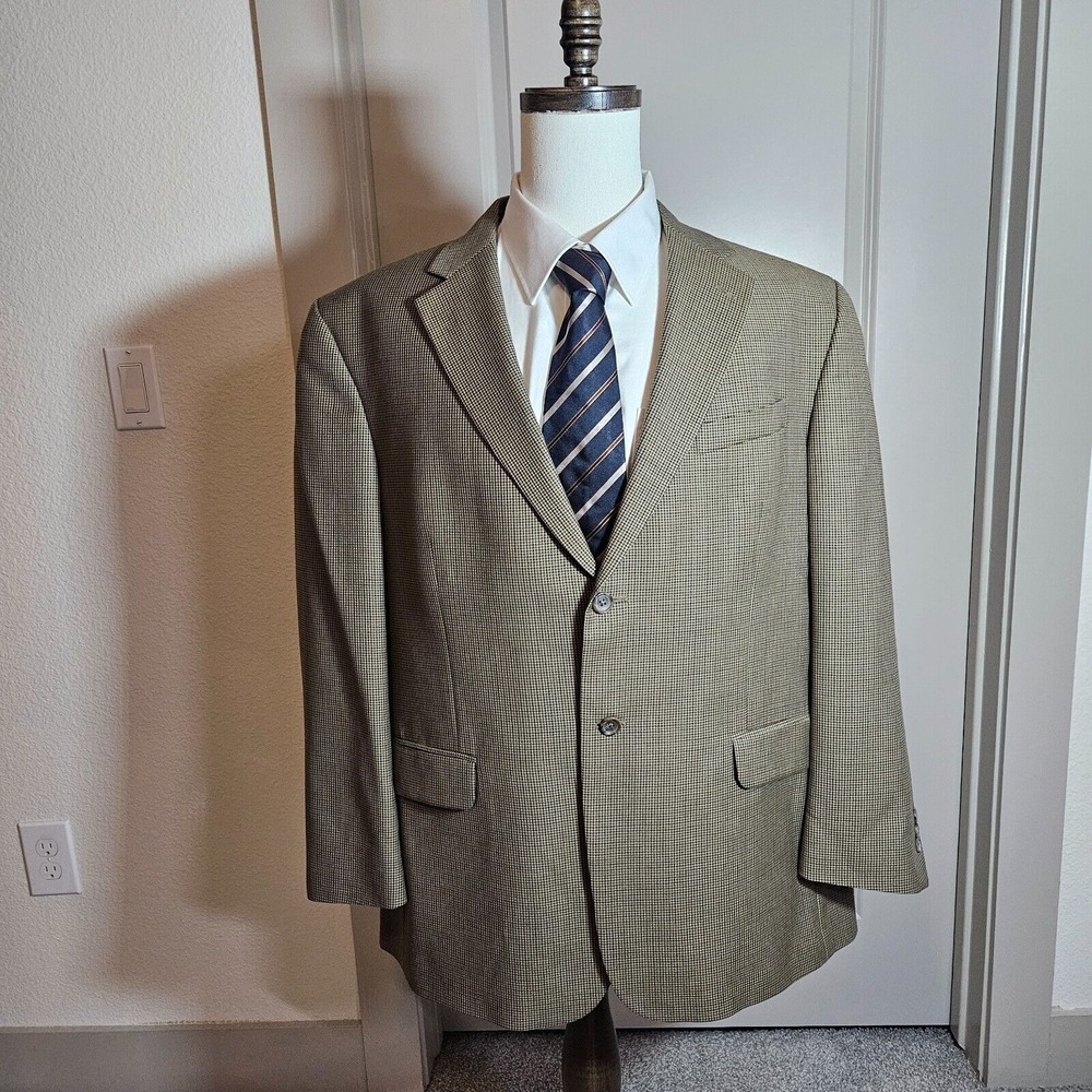 Stafford Suit Blazer Sport Coat Men 46R Wool Blend Houndstooth Khaki Brown‎
